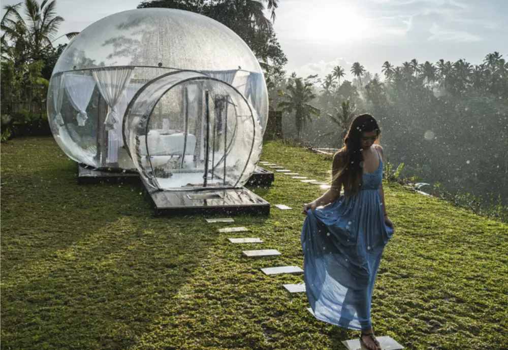 The Clear Bubble Tent in the outdoors, showing you the front entrance to the Tent