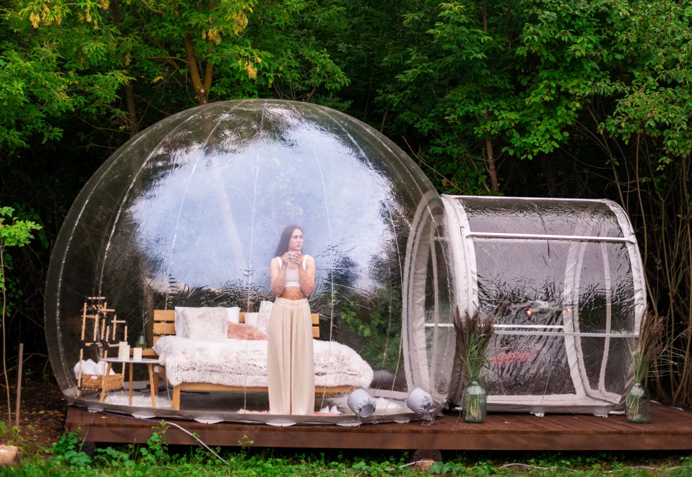 The side profile of the Clear Bubble Tent with a person standing inside it, showing height clearance of the Tent.  The transparent walls enable the trees behind to be seen.